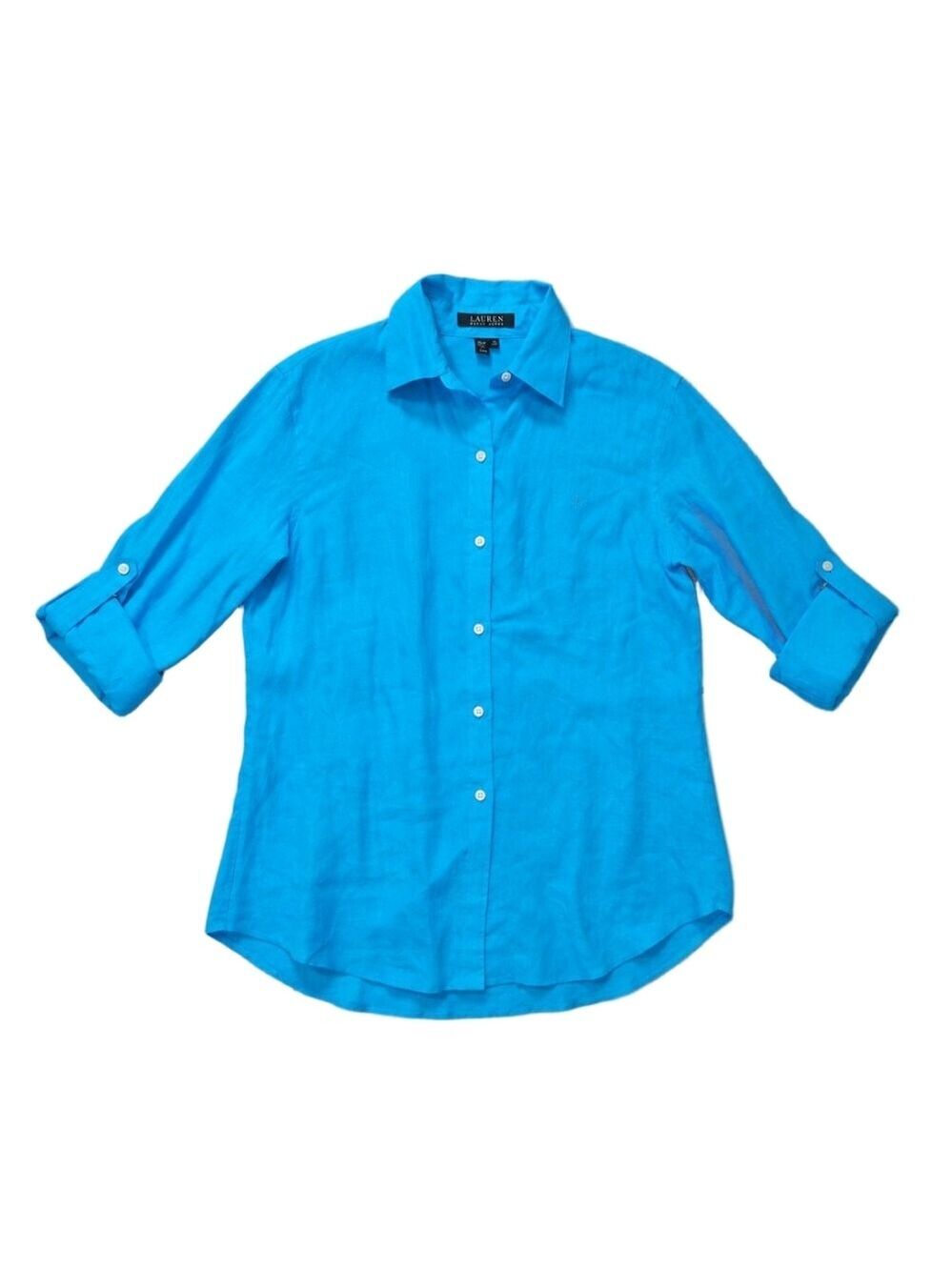 Lauren Ralph Lauren 100% Linen Button Front Shirt Turquoise Blue XS Roll Tab Sle - Picture 2 of 7